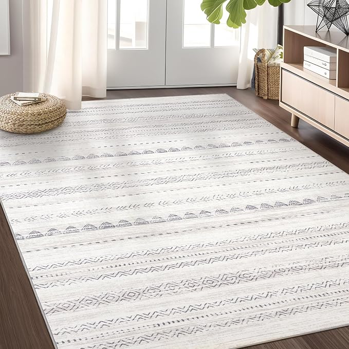 Nakagishi Boho 4x6 Area Rug Living Room Rugs Machine Washable Gray | Soft, Pet & Kid Friendly, Carpet for Living Room/Bedroom/Office/Kitchen/Nursery, Daily Home Decor Stain Resistant Moroccan