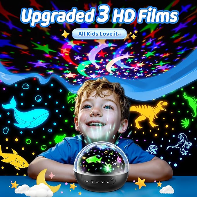 【Gift Box】 Kids Night Light Projector, 【3 Films & 93 Colors】 3 Year Old Boy Toys, [5 Brightness & Remote Control] 3 Year Old Boy Birthday Gift, Rotate Christmas Gifts for Kids Gifts