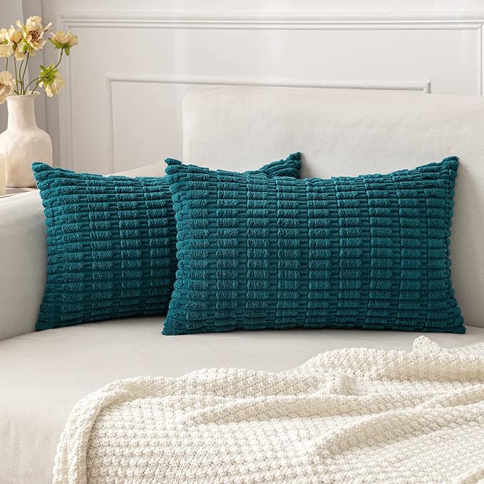 MIULEE Lumbar Corduroy Decorative Throw Pillow Covers 12x20 Teal Pack of 2 | Soft Boho Striped Pillow Covers Modern Farmhouse Coastal Home Decor For Sofa Living Room Couch Bed