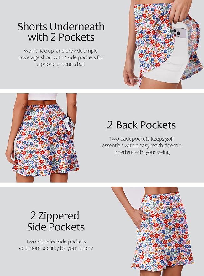 PINSPARK 18" Golf Skorts for Women with 6 Pockets Ruffle Athletic Skort | Above the Knee,High Waist,UPF 50+,4-way Stretch,Lightweight,Ruffle Hem,Tennis,Casual,Work,Pickleball