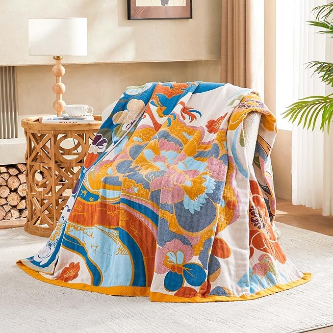XIBLC Boho Throw Blanket, Lightweight Blankets for Summer, 100% Cotton Bohemian Decorative Throw Blanket, 80"x90" Reversible Muslin Breathable Woven Farmhouse Blankets Quilt,