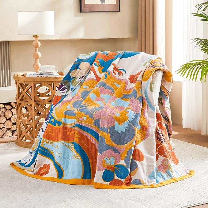 XIBLC Boho Throw Blanket, Lightweight Blankets for Summer, 100% Cotton Bohemian Decorative Throw Blanket, 50"x60" Reversible Muslin Breathable Woven Farmhouse Blankets Quilt,