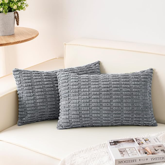 Pack of 2 Corduroy Decorative Throw Pillow Covers 12x20 Inch, Light Grey | Fall Soft Striped Pillow Covers Modern Farmhouse Home Decor Christmas Throw Pillow Covers for Sofa Living Room Couch Bed