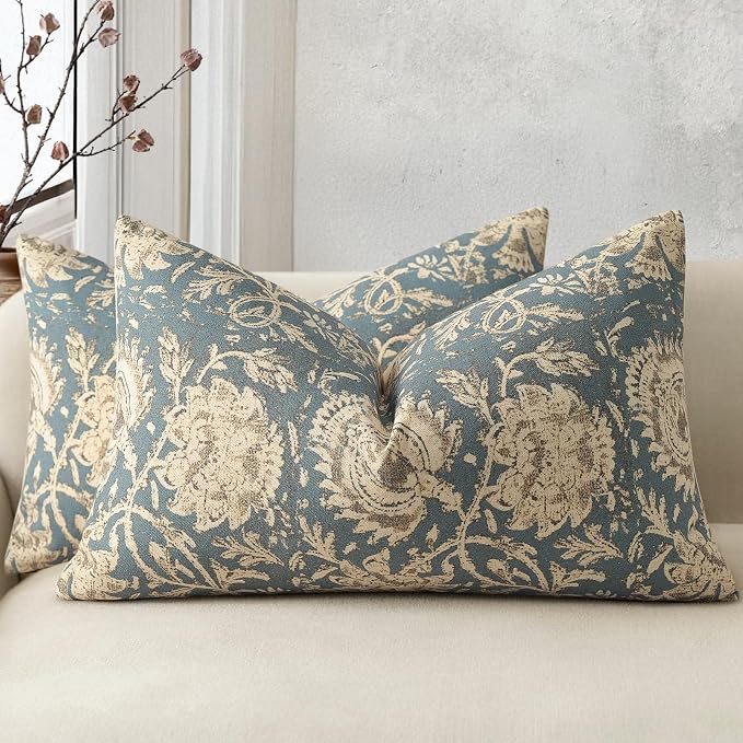 Vintage Floral Print Throw Pillow Covers 12x20 Set of 2 Neutral Modern Farmhouse Pillow Cases Accent Decorative Cushion Covers Boho Home Decor for Couch Sofa Chair Bed Living Room, Dusty Blue