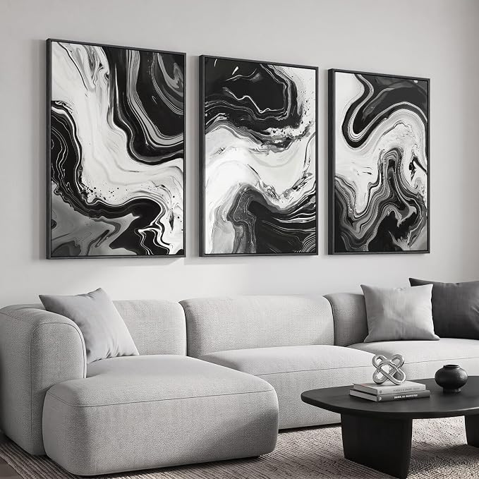 Large Framed Black and White Abstract Wall Art for Living room, 3 Piece Canvas Prints Paintings Artwork for Walls, Modern Minimalist Pictures Wall Decor for Bedroom Dining Room Office 24x36 In