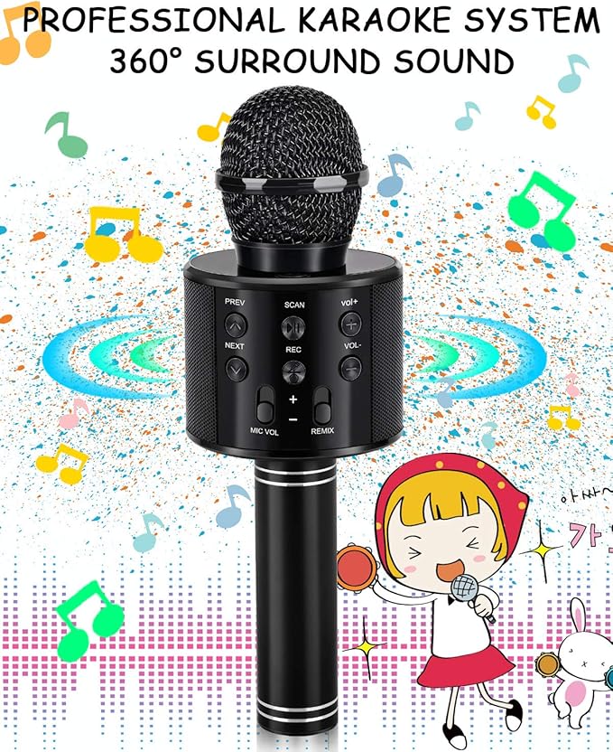 Kids Toys Age 3-12, Karaoke Microphone for Kids Birthday Presents Gifts for 5 6 7 8 9 10 11 12 Year Old Girls Boys Toys for 4-11 Year Old Girl Boy Teen - Black