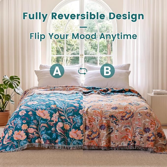 MSGKV Boho Throw Blanket 50"x60" Cotton Birds Floral Blanket for Couch | Muslin Throw, Birds Floral Pattern, Reversible Woven, Lightweight Comfort, Farmhouse Decor, All Seasons, Machine Washable