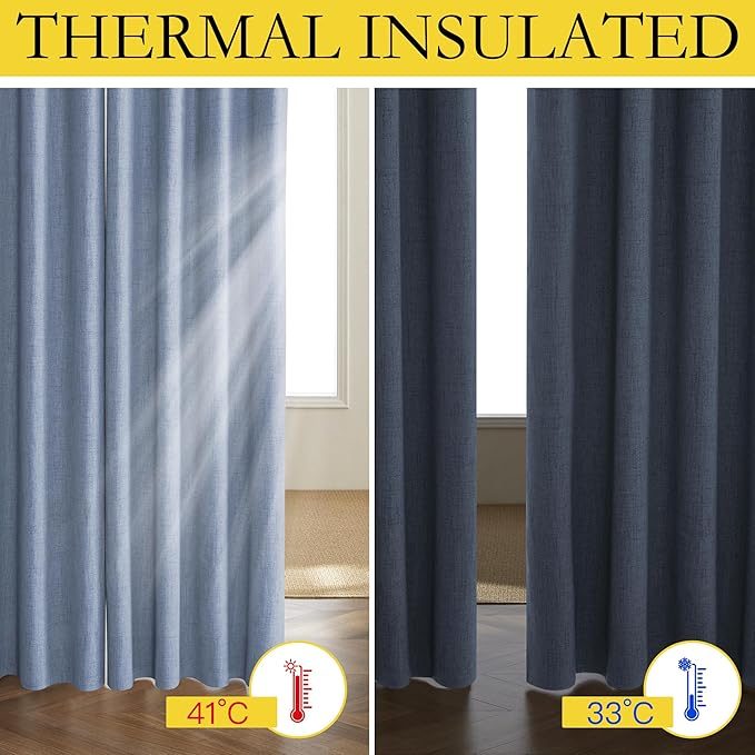 NICETOWN Stone Blue Vintage Linen 100% Blackout Curtains for Living Room, Thermal Insulated Curtains 84" Long, Noise Reducing Window Treatment Drapes for Hall Room, 42" Wide Per Panel, Set of 2