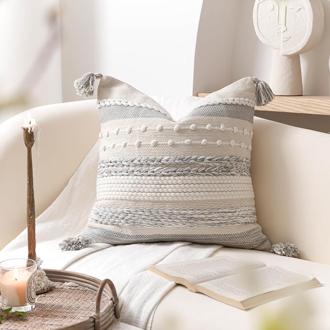 Gray Boho Decorative Throw Pillow Cover 20x20 Square Farmhouse Accent Cushion for Couch Sofa Livingroom Bedroom Pillowcase Modern Home Décor (Pack of 1)