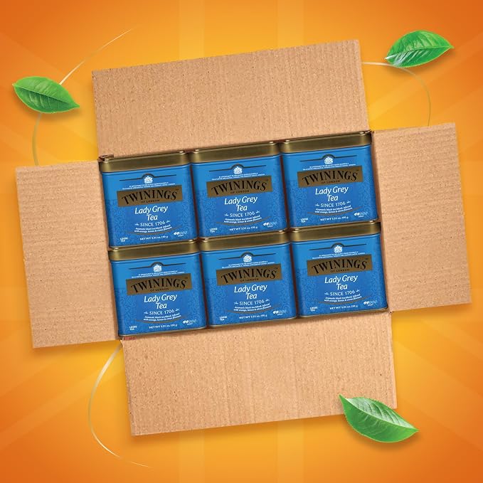 Twinings Lady Grey Loose Black Tea, 3.53 Ounce Tins (Pack of 6), Lemon & Orange Peel, Caffeinated, Enjoy Hot or Iced