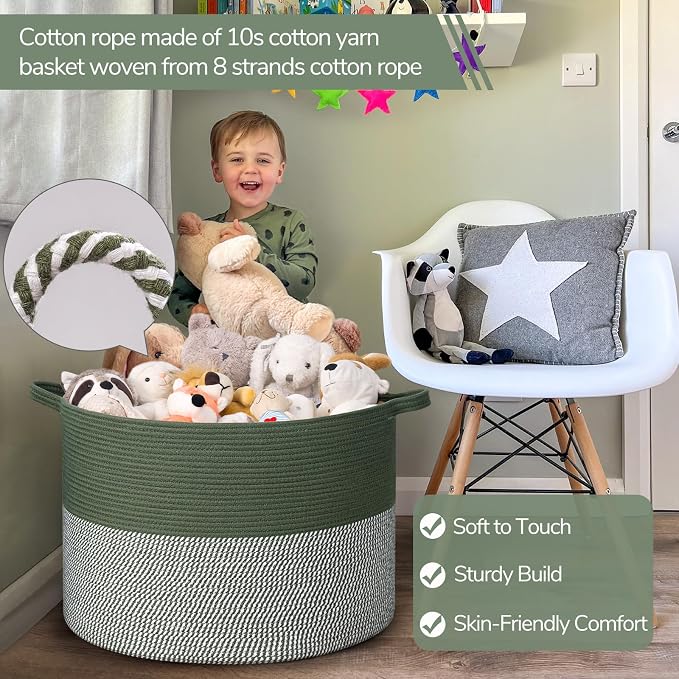 INDRESSME 115L Extra Large Woven Rope Blanket Basket Living Room Green | 23.6" x 15.7" Storage baskets for toys laundry & pillows. Fits living room, bedroom or nursery décor. Soft-touch with handles