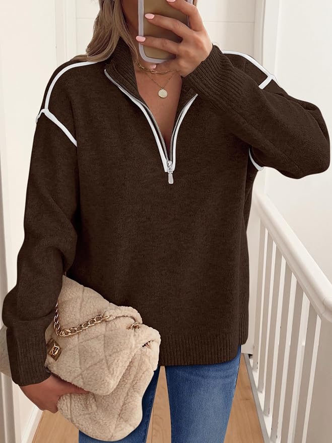 ANRABESS Womens Quarter Zip Sweaters Fall Long Sleeve V Neck Shirts Collared Business Casual Tops Knit Pullover Sweatshirts