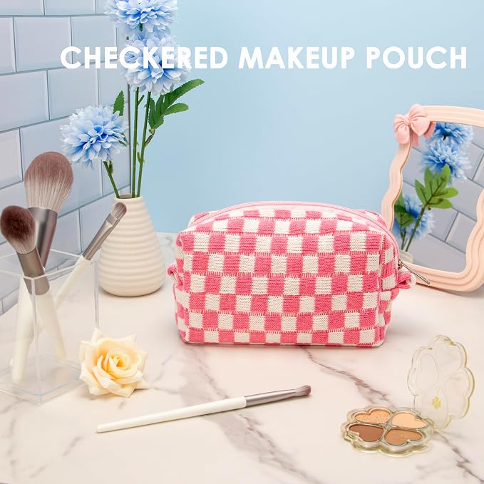 PAZIMIIK Checkered Makeup Bag for Purse Portable Zipper Make Up Pouch Small Cosmetic Case for Travel Accessories (2PCS Pink)