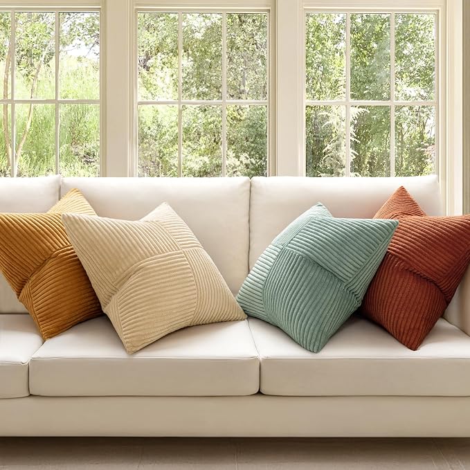 MIULEE Fall Teal-Orange Decorative Throw Pillow Covers 16x16 Inch Set of 4 Boho Corduroy Striped Cushion Cases Modern Farmhouse Patchwork Pillow Cases for Couch Sofa Bedroom Home Decor