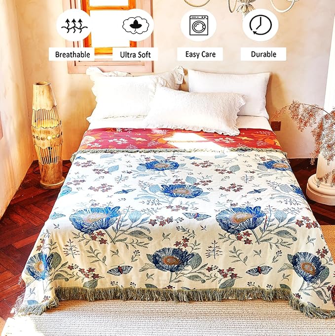 VANJOROY Boho Throw Blanket, 100% Organic Cotton Breathable Ultra Soft Bed Quilt Throw - All Season Floral Bird Butterfly Farmhouse Decor Blanket for Sofa Couch Chair and Gift. 60" x 80"