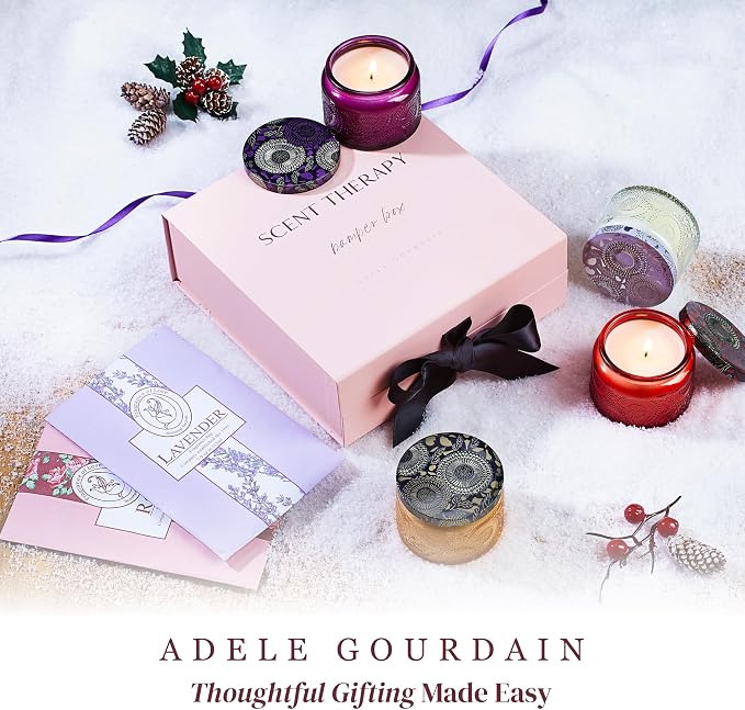 6-pc Scented Candle Gift Set for Mom, Aromatherapy Inspired, Adelegourdain | Incl. 4 Soy Wax Candles and 2 Fragrance Packets - Mom Gift Box - Scents incl. Bergamot, Maldivian Breeze, Jasmine, Berries