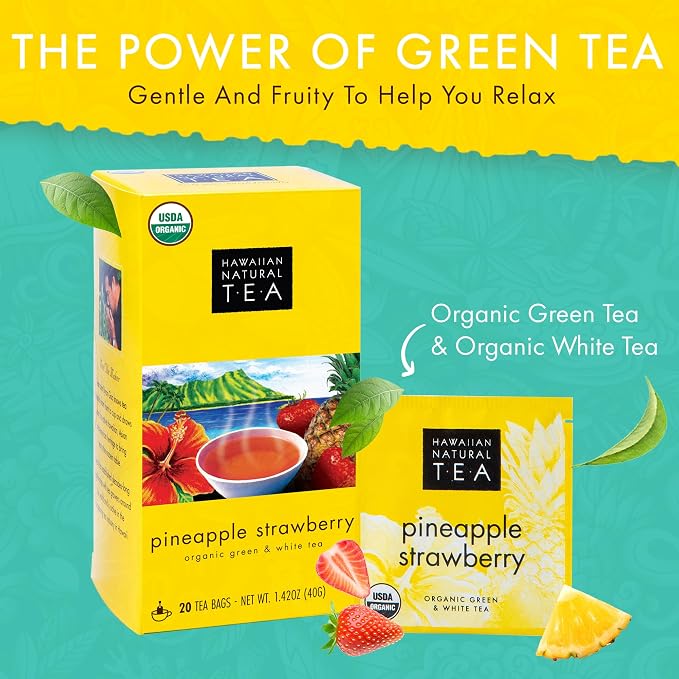 Hawaiian Natural Tea Pineapple Strawberry Flavored Organic Tea - Tropical Fruit Green Tea Blend with White Tea - Perfect Daily Cup & Gift for Tea Lovers - 60 Tea Bags