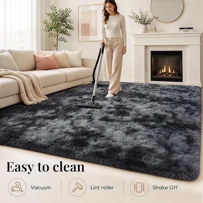 Area Rug for Living Room Bedroom: 9x12 Black Grey Soft Fluffy Shag Upgrade Non-Slip High Pile Carpet Large Fuzzy Plush Indoor Floor Decor Shaggy Rug for Kid Boys Girls Playroom Nursery Modern Home