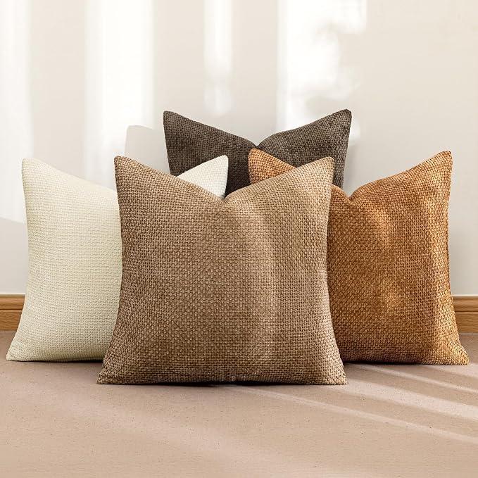 MIULEE Decorative Chenille Fall Euro Pillow Covers Brown 22x22 Pack of 4 | Rustic Home Decor, Layered Brown Collection, Couch Throw Pillows, Farmhouse Boho Cushion Covers for Sofa Bed Living Room