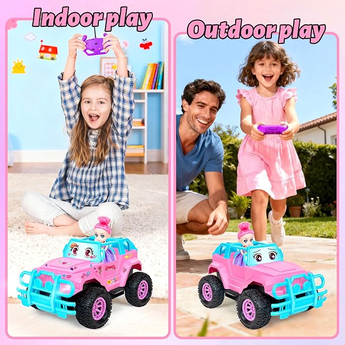 YongnKids Remote Control Car for Kids, 1:20 Scale Rc Trucks for Girls Age 4-7, Pink Rc Cars Toys for Ages 5-7 8-13 Boys Girls Birthday Gift, Off Road Trucks with Mini Doll & DIY Sticker