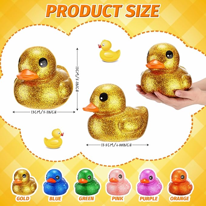 Honoson 6 Pieces Giant Glitter Rubber Ducks 6.89 Inch Big Sparkly Rubber Ducky Jumbo Duck Bathtub Toys with Squeaky Sound for Baby Shower Birthday Party Favor Summer Beach Pool Activity (Colorful)