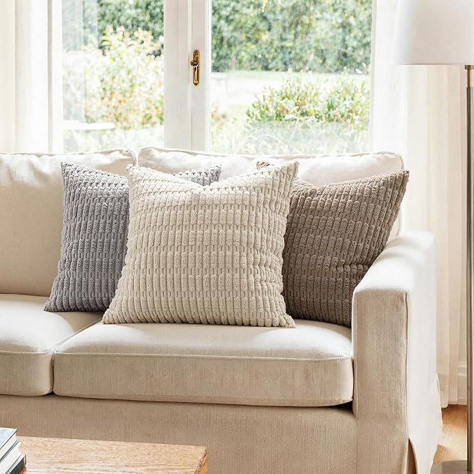 MIULEE Euro Sham Decorative Throw Pillow Covers 26x26 Cream White Pack of 2 | Soft Corduroy Boho Striped Pillow Covers Modern Farmhouse Home Decor For Sofa Living Room Couch Bed