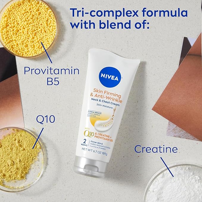 NIVEA Skin Firming & Anti Wrinkle Neck & Chest Cream with Coenzyme Q10, Creatine and Provitamin B5, Skin Firming Cream Reduces the Look of Fine Lines and Wrinkles, 6.7 Oz Tube