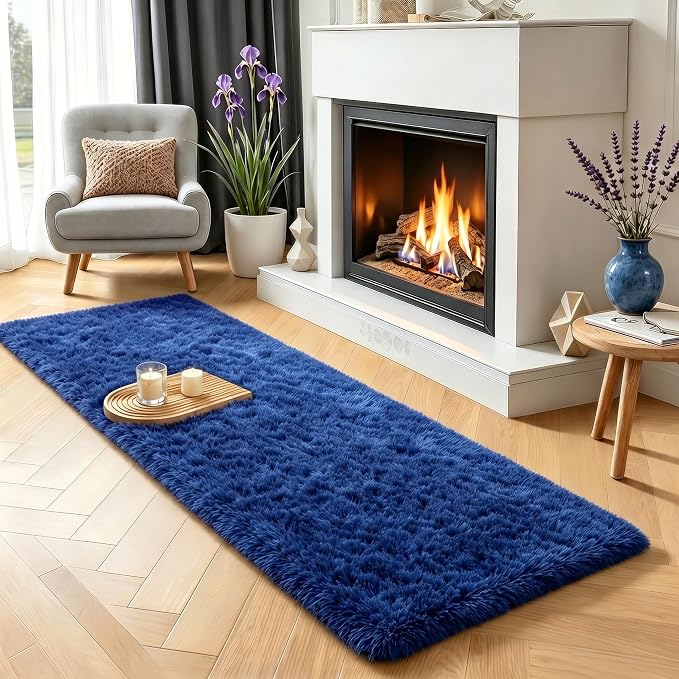 Navy Blue Rugs for Bedroom, Living Room 2x6 Ft, Fluffy Runner Rugs, Plush Hallway Carpet, Soft Shaggy Long Bedside Rugs, Floor Boys Room Dorm Rug Kids Nursery Playroom Navy Room Decor Aesthetic