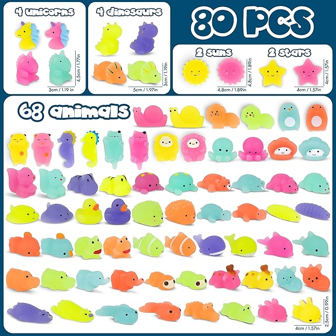 Mochi Squishy Toys Bulk for Kids Party Favors Pack 80 - BONNYCO | Goodie Bags Stuffers for Kids with Glow in the Dark | Return Gifts Birthday Party, Squishy Fidget Toys Pinata Stuffers Birthday Kawaii