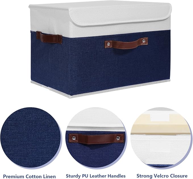 ANMINY Fabric Storage Box Bins with Lids, Blue White, 15"x10"x10", 2 Pack | Keepsake Memory Storage, Cotton Linen, PP Board Reinforced, Washable, PU Handles, Foldable & Stackable, Decorative, Large