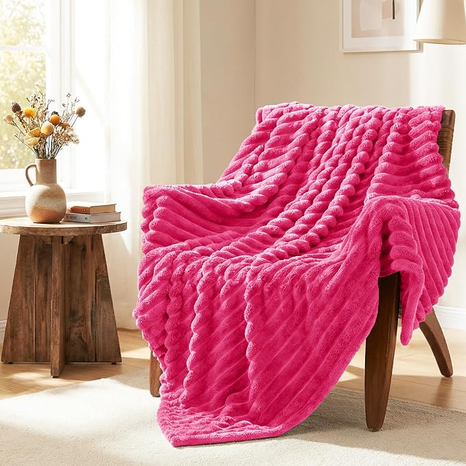 HIMEET Hot Pink Queen Blanket for Bed, 300GSM Ribbed Fleece, 90 x 90 in | Ultra Soft Flannel, All-Season Lightweight Warmth, Cozy Bed Coverage & Bedroom Decor, Gift for Men & Women, Machine Washable