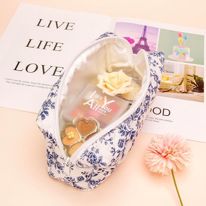 PAZIMIIK Small Quilted Makeup Bag,Zipper Cosmetic Pouch,Jouy Blue | Lightweight Cosmetic Bag Organizer for Women,Purse Storage Holds Makeup,Toiletries,Skincare,Beauty Essentials,Travel Items