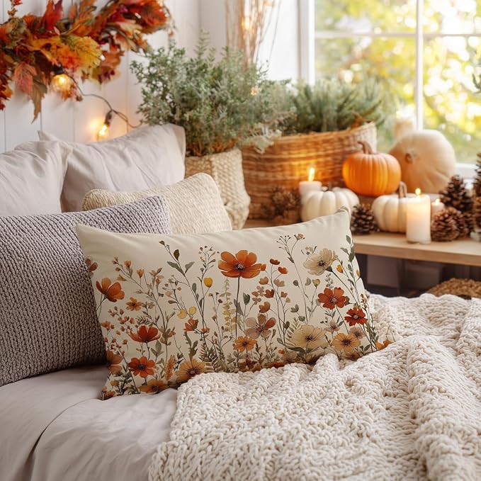 AACORS Fall Floral Pillow Cover 12x20 Inch, Autumn Seasonal Sofa Decor