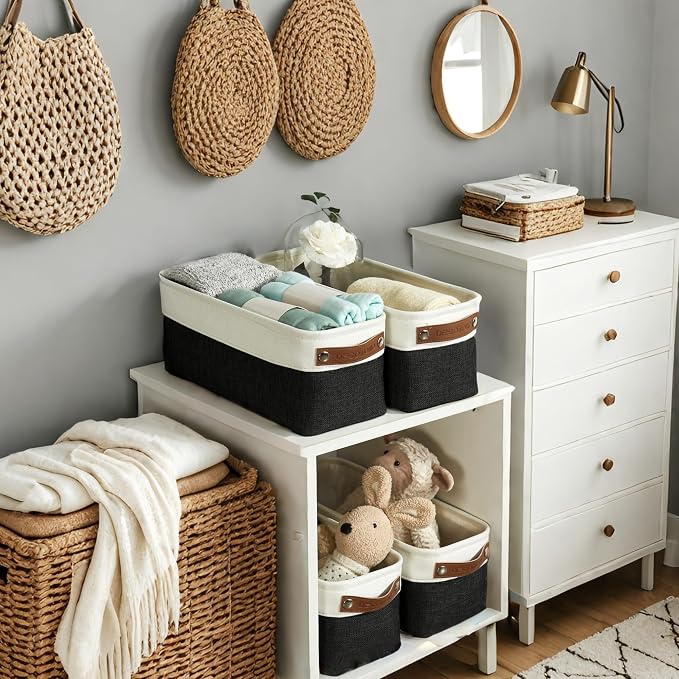 DECOMOMO Narrow Storage Bins, Small Storage Baskets for Shelves 4 Pack | Baskets for Organizing Bathroom, Toilet Tank, Gifts (Black and White)