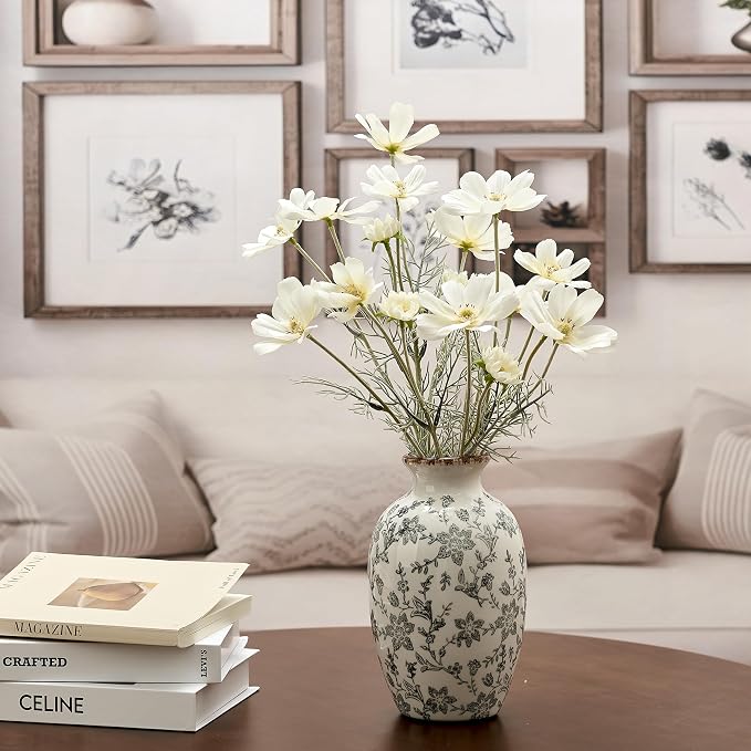 Gray Vintage Chinoiserie Floral Vase, 7.95" Decorative Flower Vase, Modern Farmhouse Ceramic Vase for Home Decor, Living Room, Bookshelf, Office, Entryway, Garden, Chinoiserie Decor, Tuscan Decor