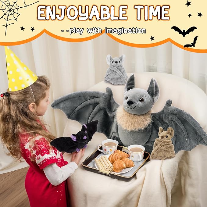 Tezituor 4Pcs Realistic Goth Bat Stuffed Animals Set, 32inch Large Mommy Stuffed Bat with 3 Cute Babies for Boys Girls, Hugging Soft Gothic Bats Plush Toy Gift for Halloween Christmas Party