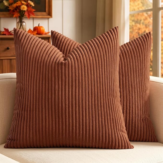 MIULEE Fall Soft Corduroy Throw Pillow Covers Set of 2 16x16 Dark Rust | Decorative Striped Textured Cushion Cases, Boho Rustic Square Pillowcases, Home Decor for Couch Chair Sofa Bed Living Room