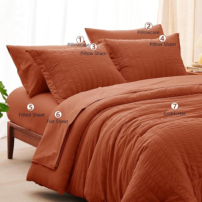 CozyLux King Size Comforter Set Burnt Orange Seersucker 7 Pieces Bed in a Bag King Comforter Set with Sheets, Terracotta Luxury Bedding Set with Down Alternative Comforter, Sheets, Pillowcases & Shams