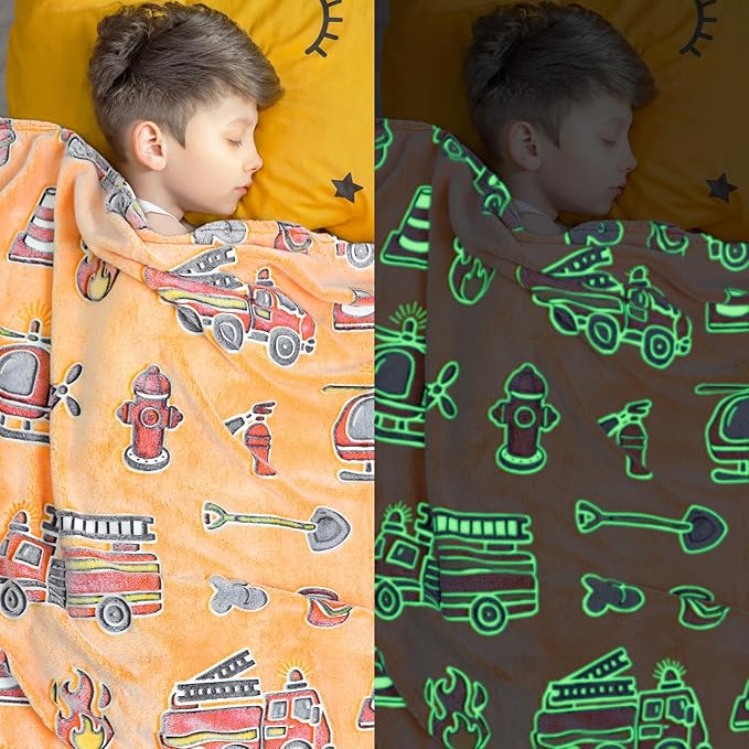 Fire Truck Glow in The Dark Blanket for Toddler Boys Gifts - Construction Firetruck Birthday Gifts for Kids 3-10 Years