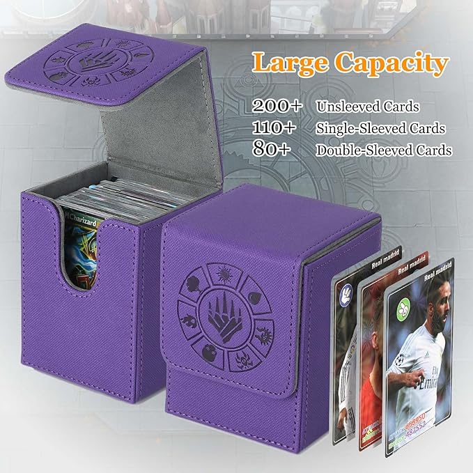 Arkeiliy Card Deck Box, 110+ Storage MTG Deck Box with 50 Pcs Card Sleeve, Collectible Trading Card Cases for Magic Commander and More (Purple)