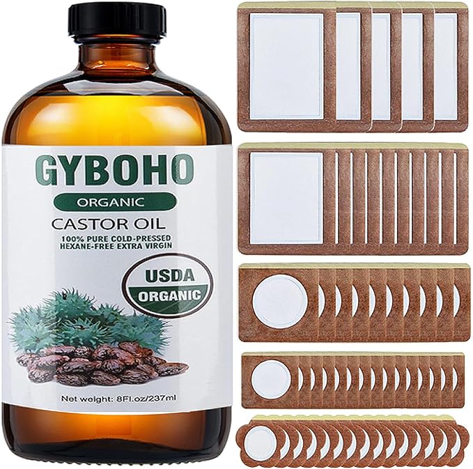 60Pcs Castor Oil Patches with 8oz Castor Oil Organic Cold Pressed | USDA Certified Organic Castor Oil,60Pcs Castor Oil Patches for Belly Button,Stomach, Back,Neck,Convenient Castor Oil Pack