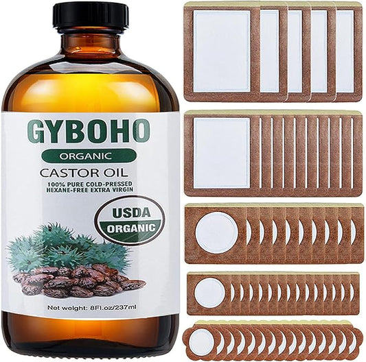 60Pcs Castor Oil Patches with 8oz Castor Oil Organic Cold Pressed | USDA Certified Organic Castor Oil,60Pcs Castor Oil Patches for Belly Button,Stomach, Back,Neck,Convenient Castor Oil Pack