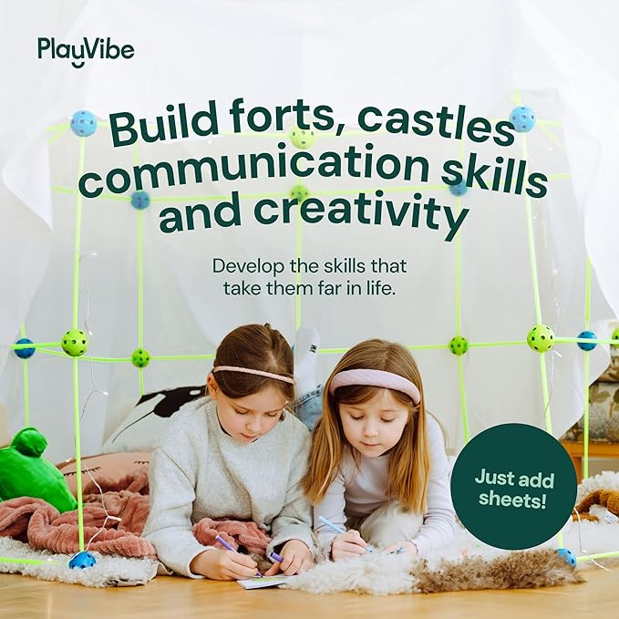 PLAYVIBE Glow in The Dark Fort Building Kit - Blue, 130 Pieces - STEM Learning with STEM Toys - DIY Clubhouse Construction - Indoor & Outdoor Play with Indoor Fort Building Kit