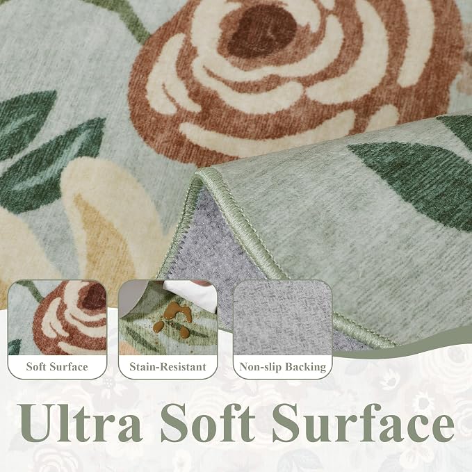 DUKINO 2x8 Washable Runner Rug, Floral Non Slip Kitchen Rugs, Sage Green | Low Pile, Soft Throw Rug Runner for Hallway, Entryway, Bedroom, Bathroom, Pet Friendly, Stain Resistant, Home Decor