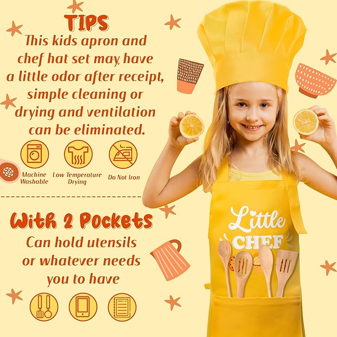 R HORSE Kids Chef Hat and Apron, Adjustable Kids Aprons with Pocket, Yellow Chef Kitchen Apron Girls Boys Kitchen Toddler Aprons for Cooking Baking