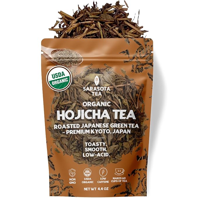 Organic Hojicha Green Tea Loose Leaf | Japanese Roasted Green Tea | Naturally Low Caffeine | Smooth Toasted Nutty Flavor | 4.4 oz Bulk Bag | Antioxidant Rich | Hot or Iced | Non-GMO