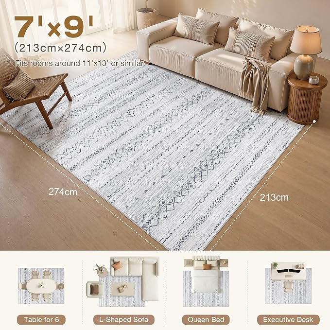 cotiled 7x9 Area Rugs Living Room Rug: Washable Boho Rugs with Non Slip Backing Large Soft Indoor Stain Resistant Carpet for Bedroom Farmhouse Dining Room Lightweight Home Decor Grey