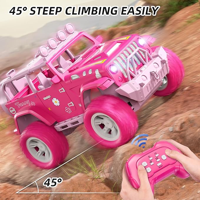 JUKUDAHU Pink Remote Control Car for Girls 4-7, 2.4GHz Off-Road RC Jeep with Spray, Climbing Toy for Girls Aged 3-4 5-6 7-8 9-10, Remote Control Vehicle Gift for Birthday Christmas Toys