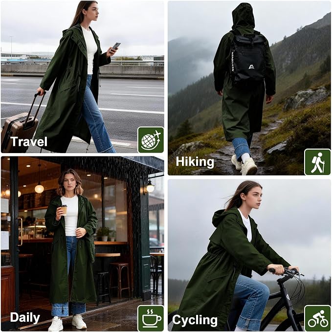 LAMA Womens Long Raincoats Rain Jacket Waterproof Packable Hooded Windbreaker Lightweight Adjustable Waist for Outdoor