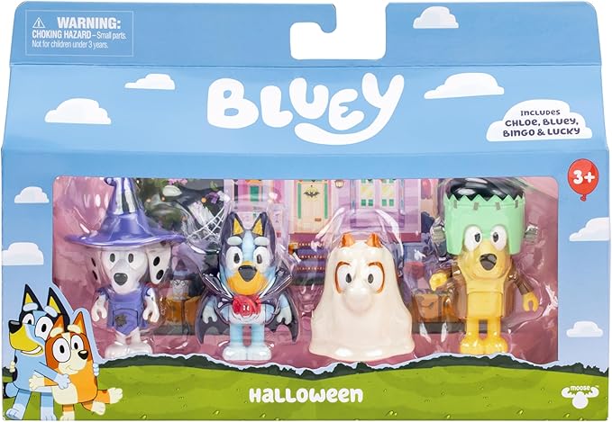 Bluey Figure 4-Packs, Halloween, 2.5" Poseable, Bingo, Chloe & Lucky Dressed in Halloween Costumes, with Accessories, Kids Can Recreate Their Favorite Moments